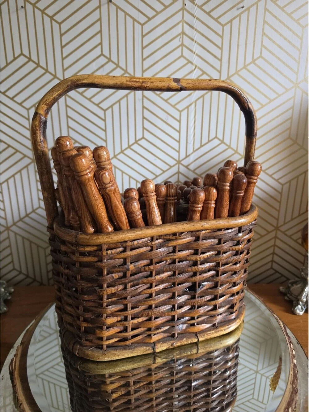 Vintage Lifetime Cutlery Old Homestead Wood Handle Flatware w Wicker Caddy 59pc